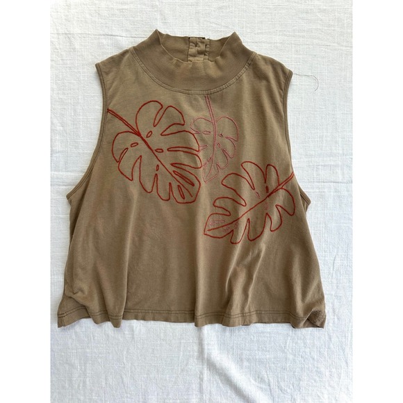 Personal Petites Vintage Sleeveless Top Leaf Embroidered Small/Medium Tan Brown - Picture 1 of 11
